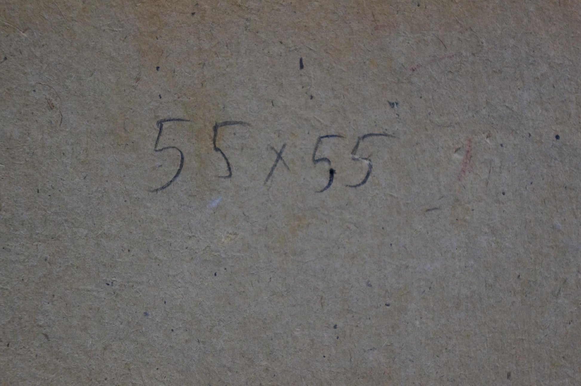 Back of Oil painting Vase with lilac: handwritten 55x55 in black marker on gray concrete