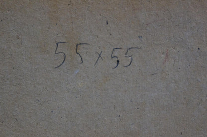 Back of Oil painting Vase with lilac: handwritten 55x55 in black marker on gray concrete