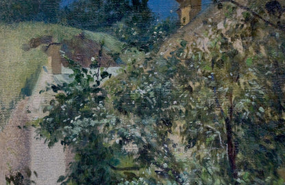 Textured impressionist painting of Petukhovs rustic village forest scene