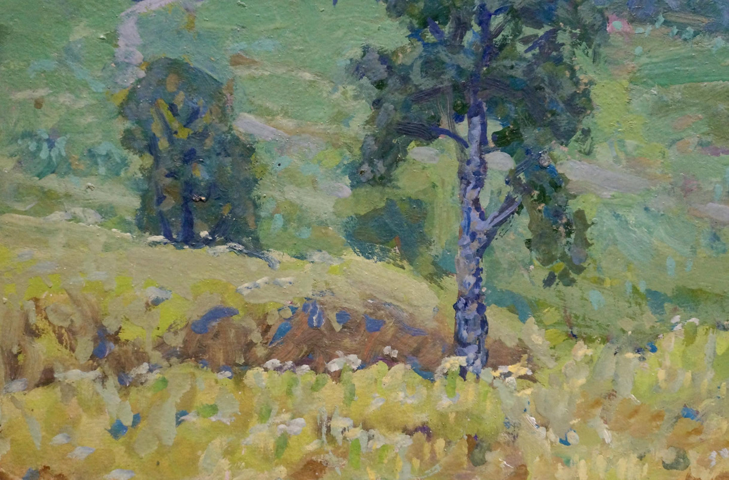 Oil painting After the Rain by Kolosovsky Georgy Sergeevich: tree with light blue trunk in yellow field