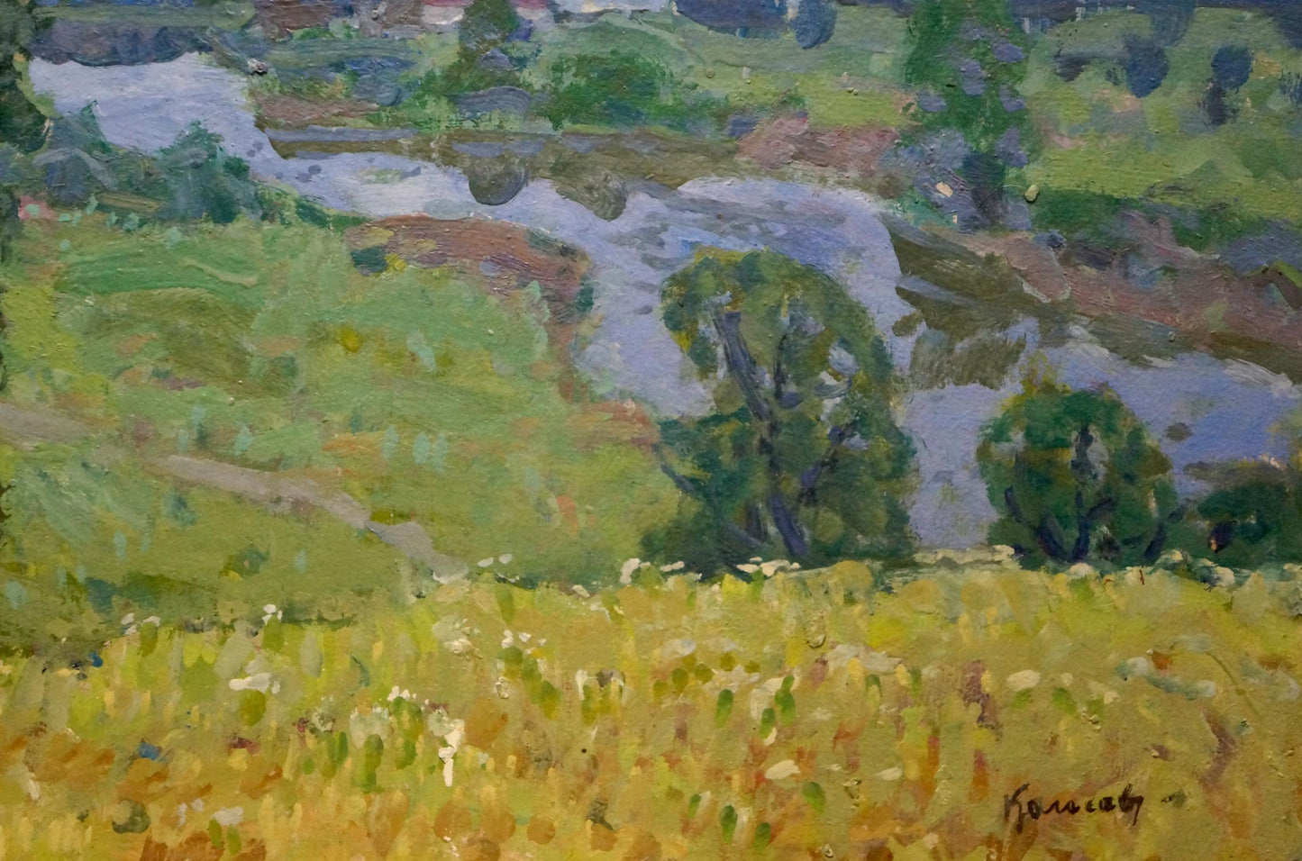 Vibrant impressionist oil painting by Kolosovsky Georgy Sergeevich of sunlit field with golden wildflowers