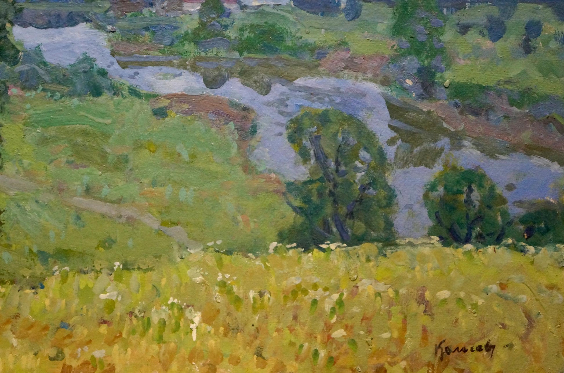 Vibrant impressionist oil painting by Kolosovsky Georgy Sergeevich of sunlit field with golden wildflowers