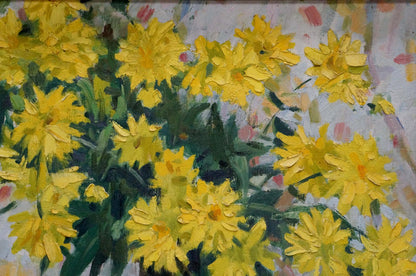Oil painting Golden Balls by Bortnikov Nikolay Fedorovich, vibrant yellow daisies
