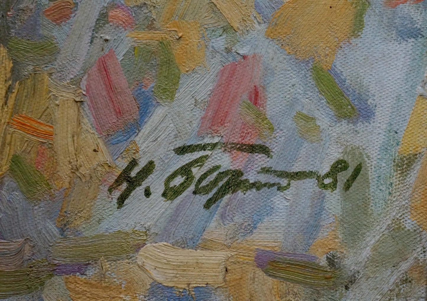 Green cursive h signature on back of Bortnikov oil painting Golden balls