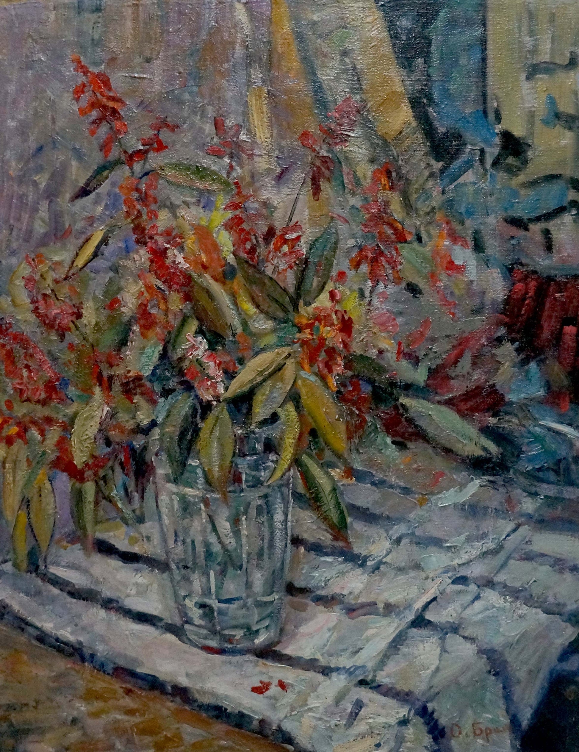 Oil painting of vibrant red and green flowers on windowsill by Olga Brendel