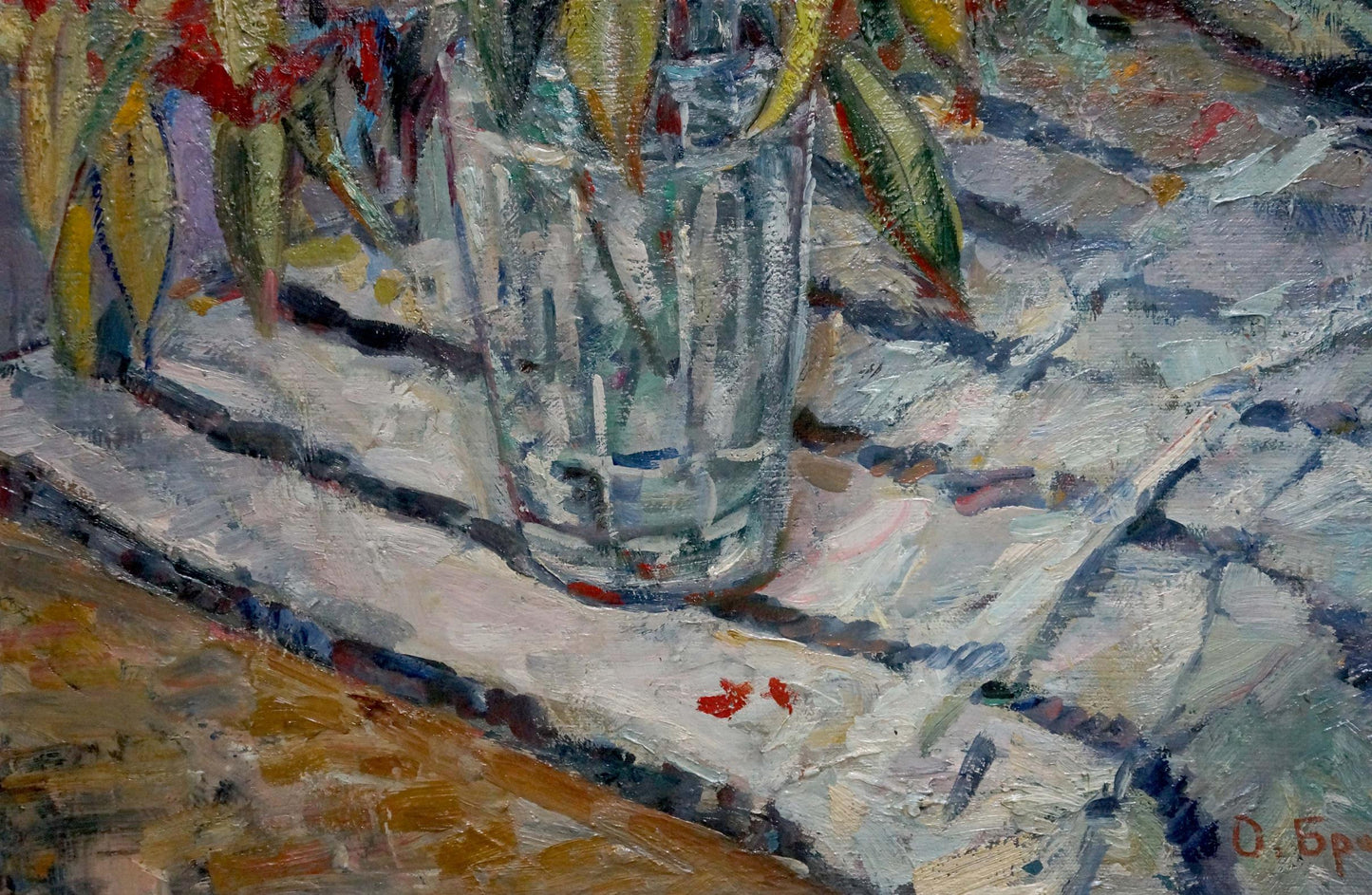Oil painting of colorful flowers in textured glass vase by Olga Brendel