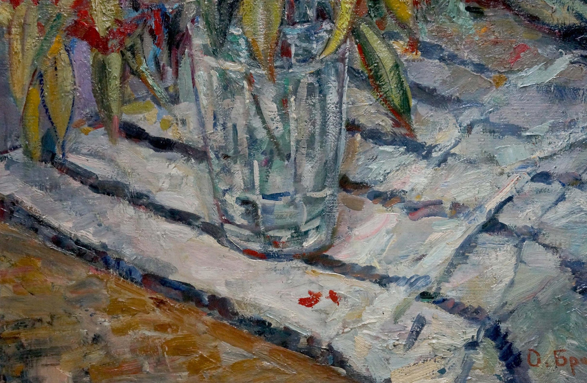 Oil painting of colorful flowers in textured glass vase by Olga Brendel