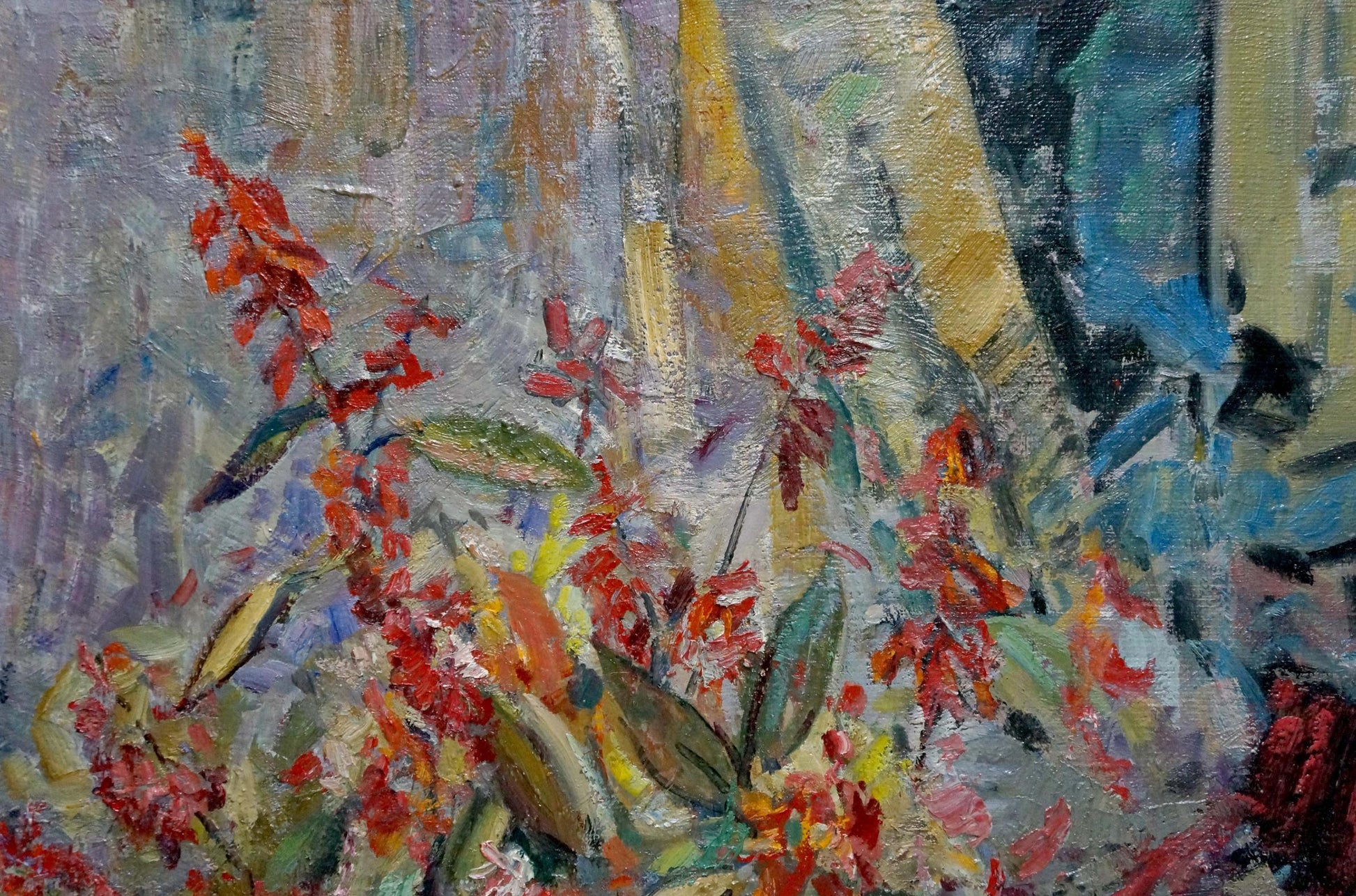 Oil painting Flowers on the windowsill by Olga Brendel vibrant red flowers