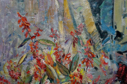 Oil painting Flowers on the windowsill by Olga Brendel vibrant red flowers
