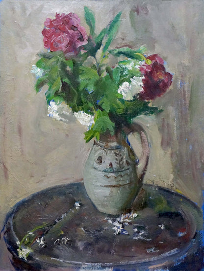 Ceramic green pitcher with blue flowers, Zinaida Zatsepina oil painting style