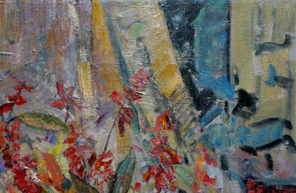 Oil painting Flowers on the windowsill by Olga Brendel vibrant red flowers