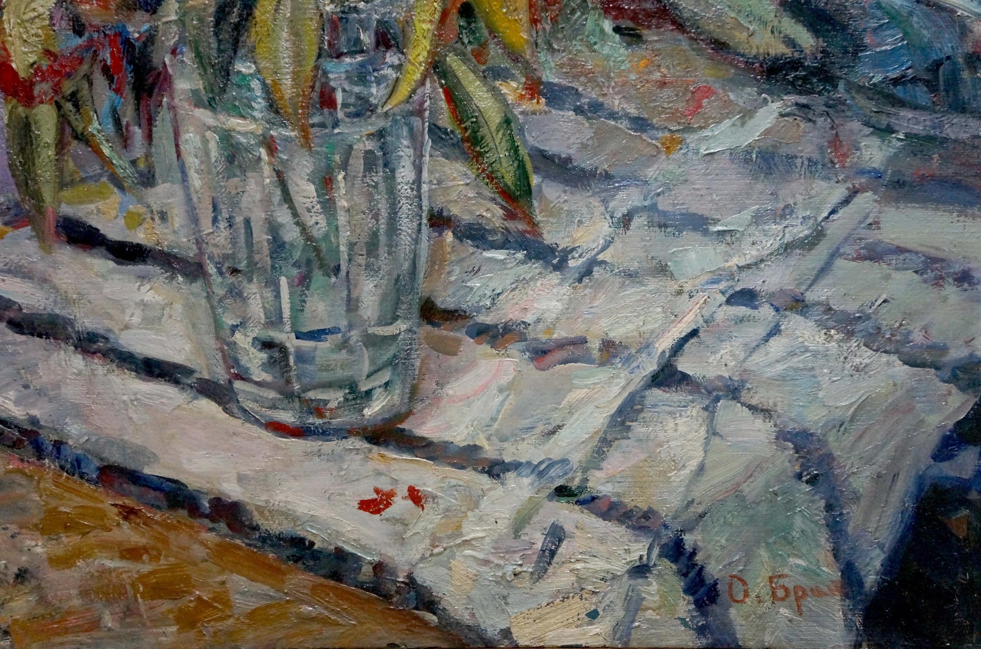 Oil painting Flowers on the windowsill by Olga Brendel with vase of green yellow leaves