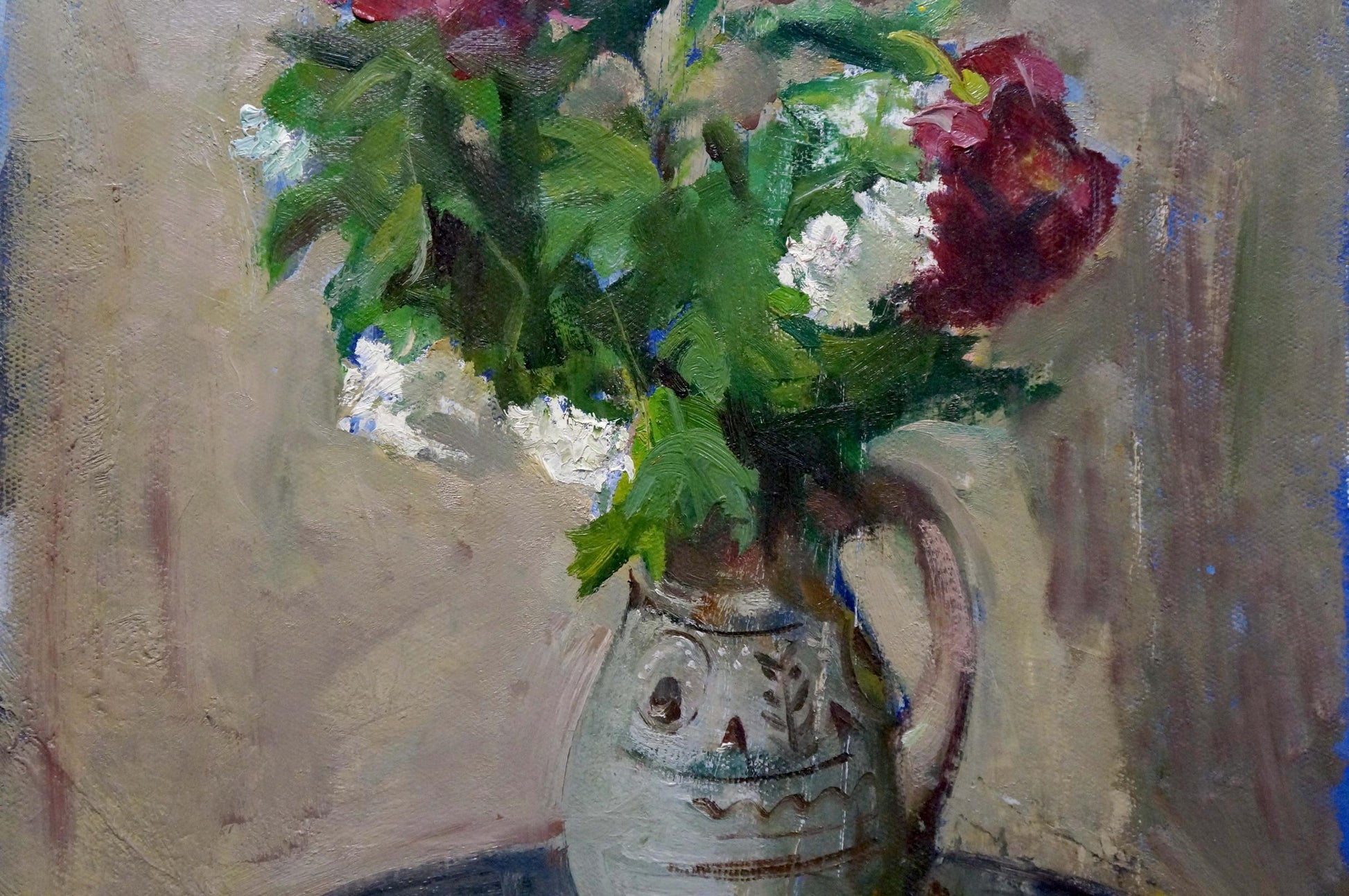 Ceramic pitcher in muted earth tones with Zinaida Zatsepina blue floral bouquet
