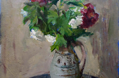 Ceramic pitcher in muted earth tones with Zinaida Zatsepina blue floral bouquet