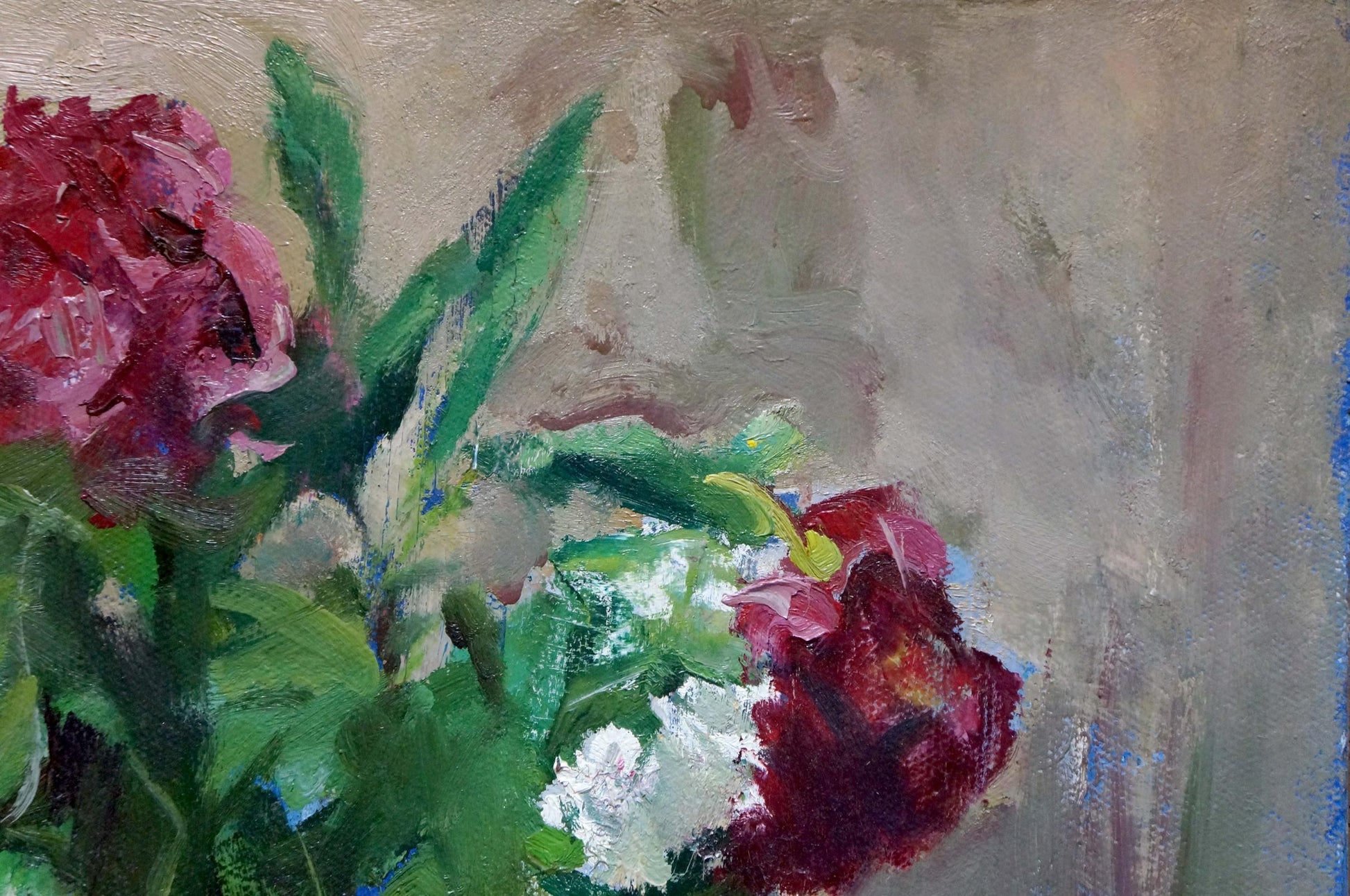 Vibrant oil painting of red white peonies by Zinaida Zatsepina, Gifted bouquet