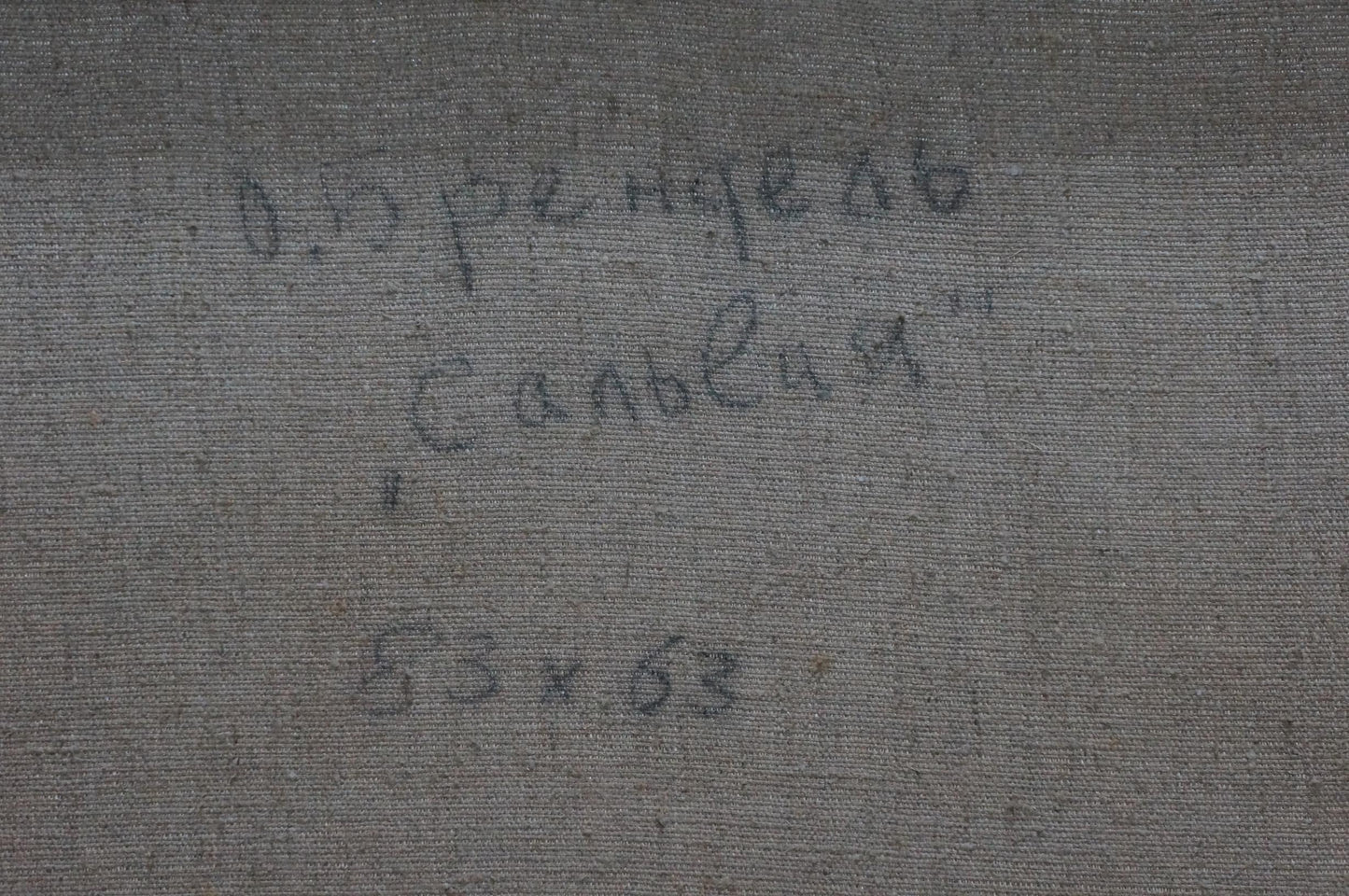 Back of Oil painting Flowers on the windowsill Olga Brendel: gray textured fabric with faint Cyrillic text