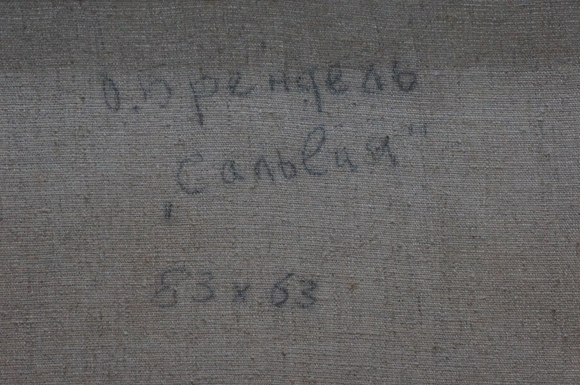 Back of Oil painting Flowers on the windowsill Olga Brendel: gray textured fabric with faint Cyrillic text