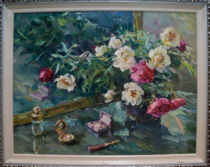 Vibrant oil painting of pink white peonies by Shapovalov Anatoly Gavrilovich