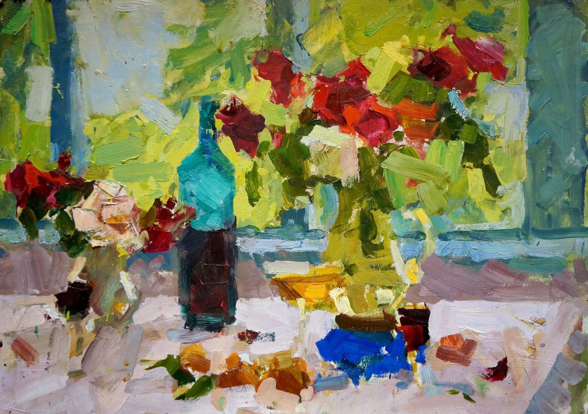 Oil painting Still life Shvab Vladimir: turquoise bottle with roses in yellow vase