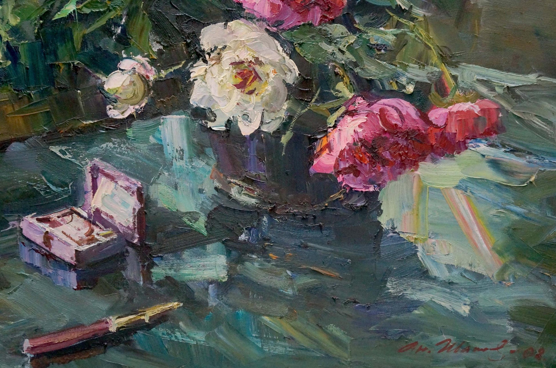 Oil painting of pink velvet jewelry box with mirrored interior by Shapovalov Anatoly Gavrilovich beside peonies