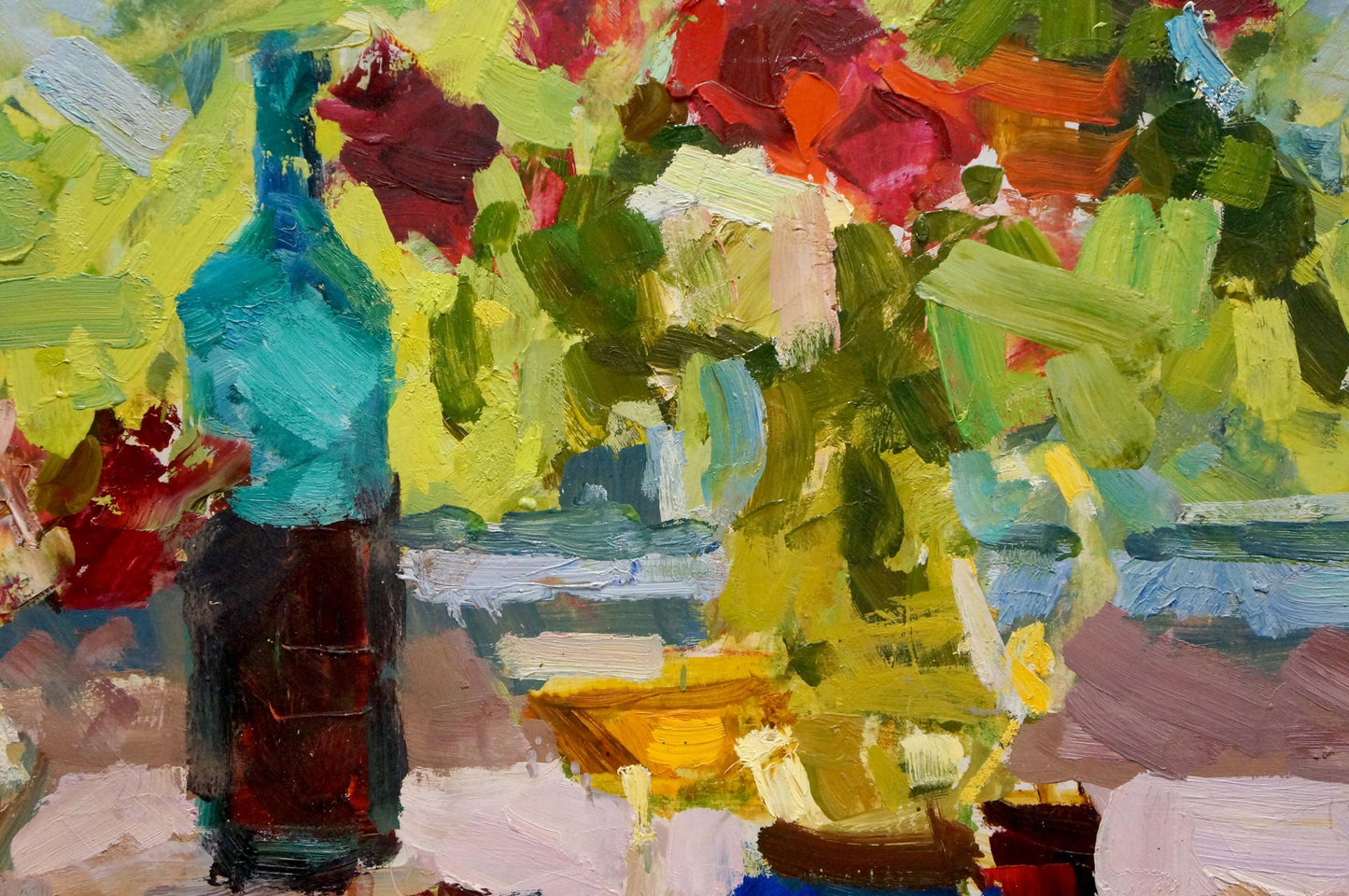 Oil painting Still life Shvab Vladimir teal brown bottle floral background