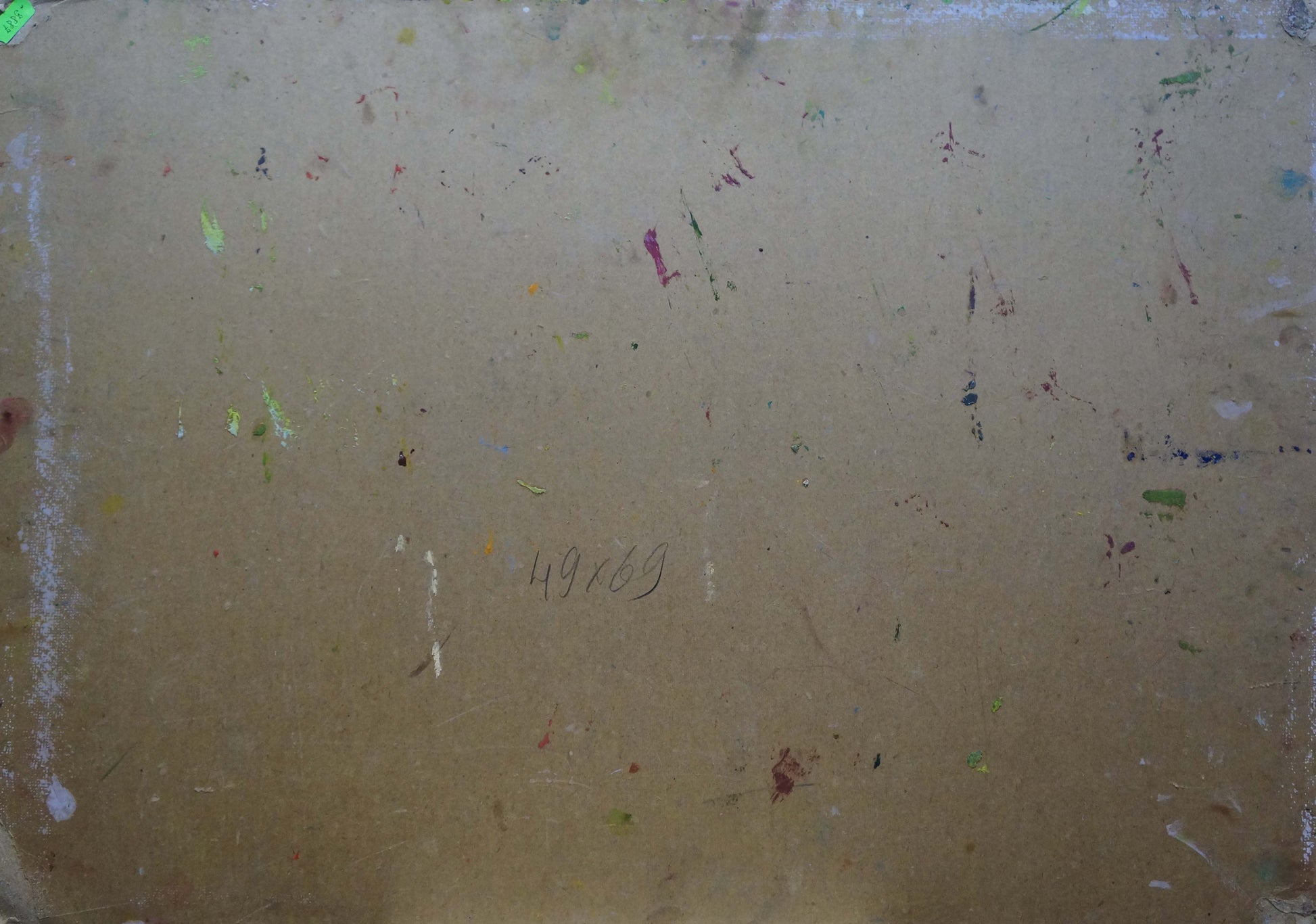 Beige canvas with paint splatters and 49869, back of Shvab Vladimir oil still life