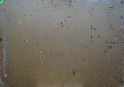 Beige canvas with paint splatters and 49869, back of Shvab Vladimir oil still life
