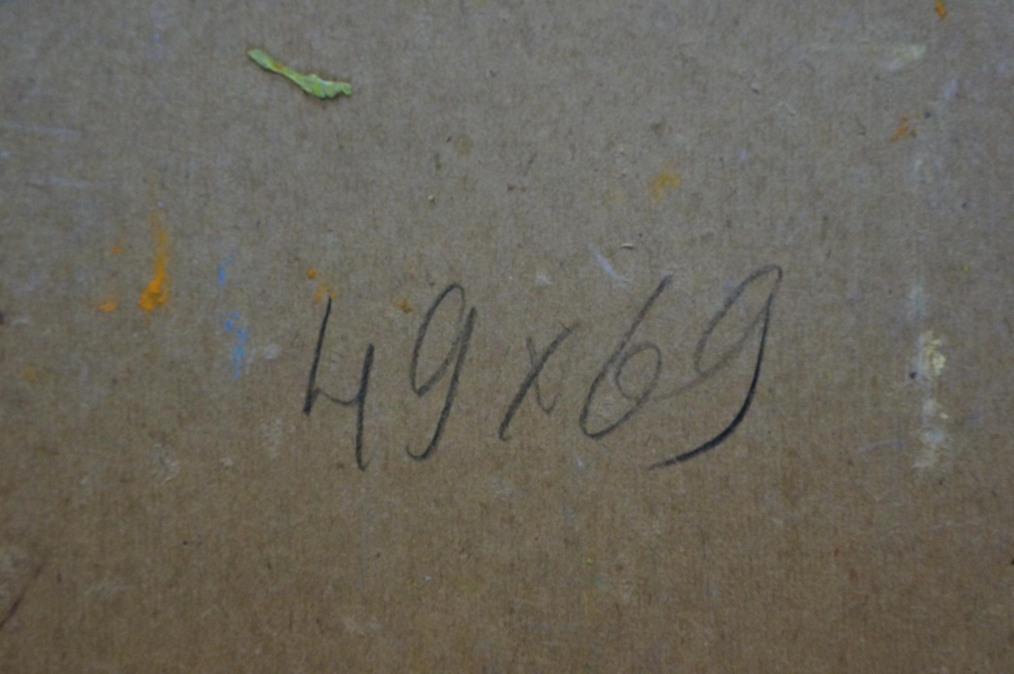 Back of Oil painting Still life Shvab Vladimir with handwritten 49x69 in black ink on textured brown surface