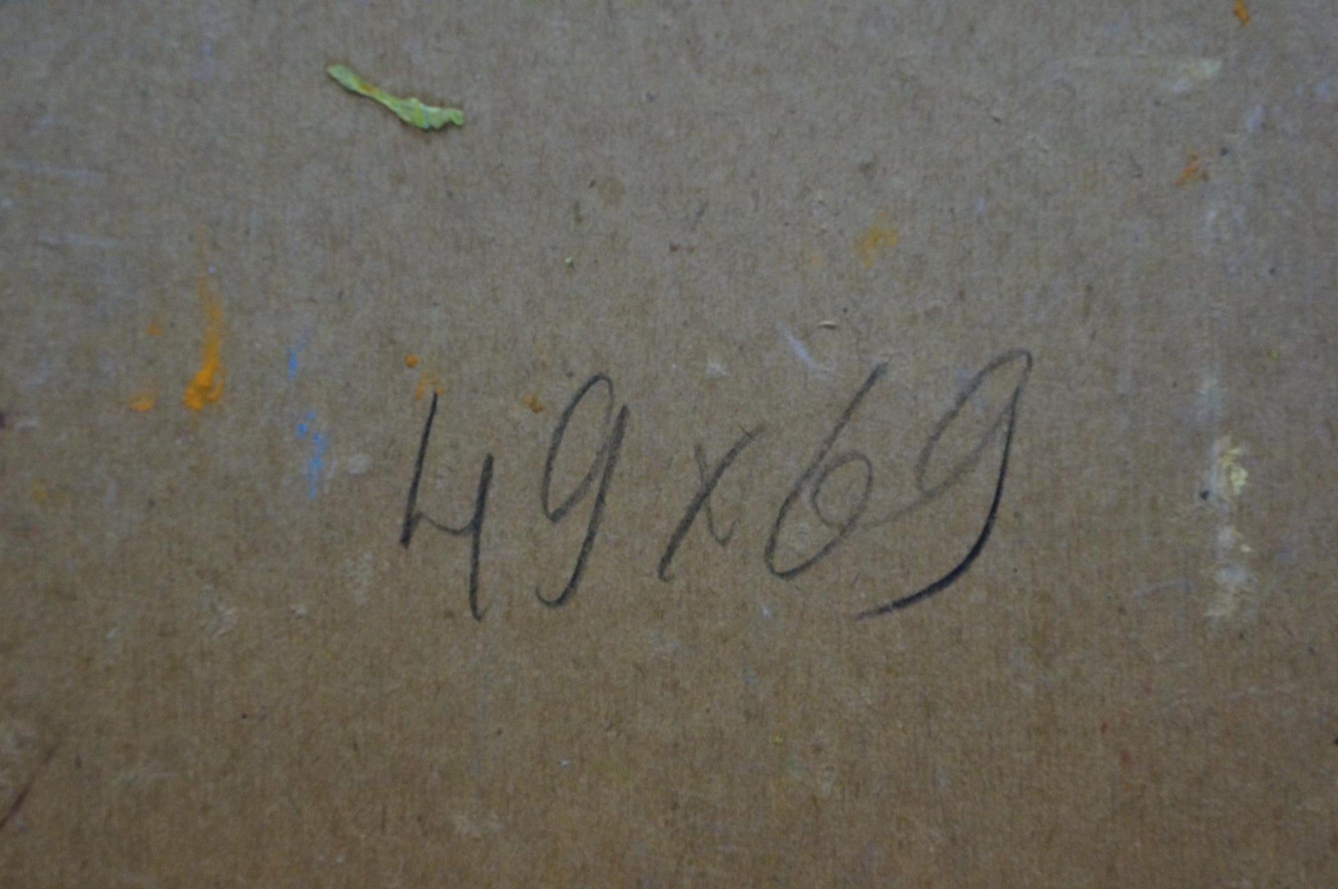 Back of Oil painting Still life Shvab Vladimir with handwritten 49x69 in black ink on textured brown surface