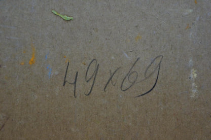 Back of Oil painting Still life Shvab Vladimir with handwritten 49x69 in black ink on textured brown surface