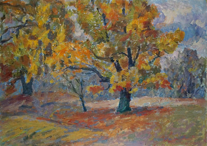 Impressionistic oil painting of autumn oak trees by Petrashevsky Stanislav Vasilievich