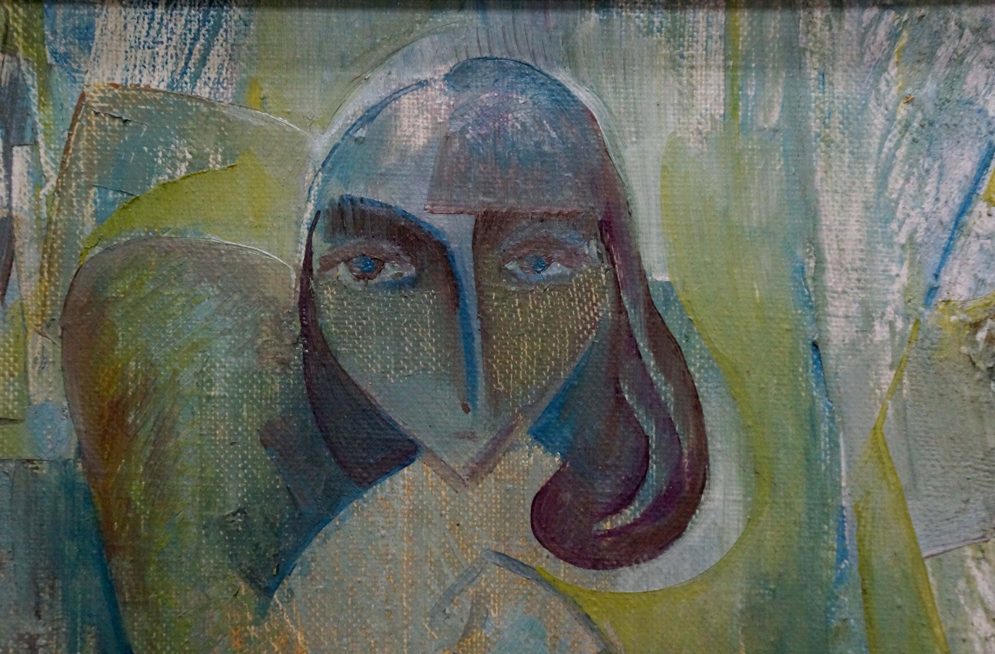 Abstract oil painting Sadness by Sokur Olga: womans face with bold blue eyes