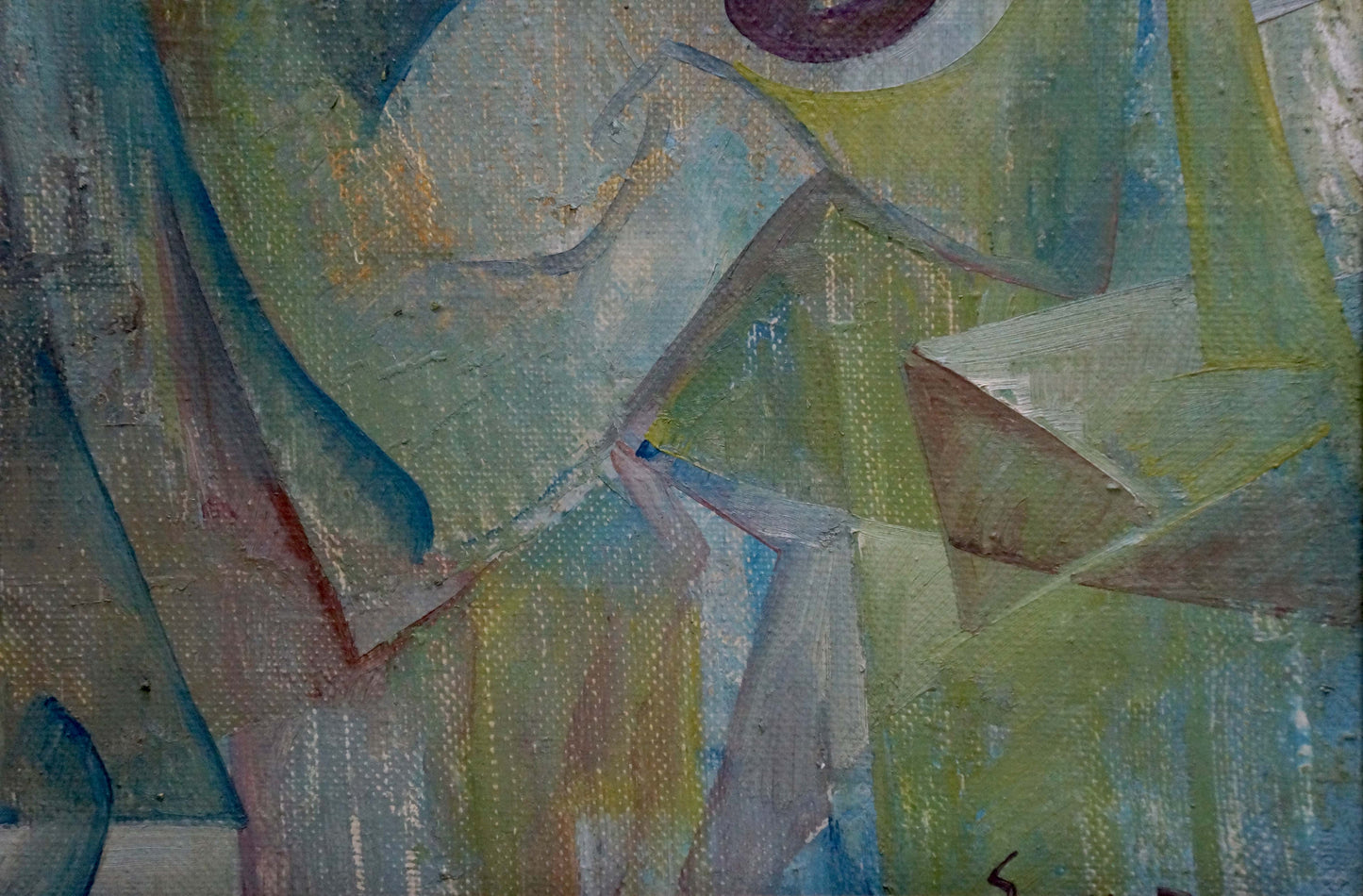 Abstract oil painting Sadness by Sokur Olga with green blue yellow earth tones