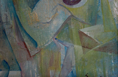 Abstract oil painting Sadness by Sokur Olga with green blue yellow earth tones