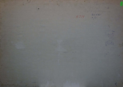 Back of oil painting Oak Trees by Petrashevsky Stanislav Vasilievich, off-white canvas with red ink notes