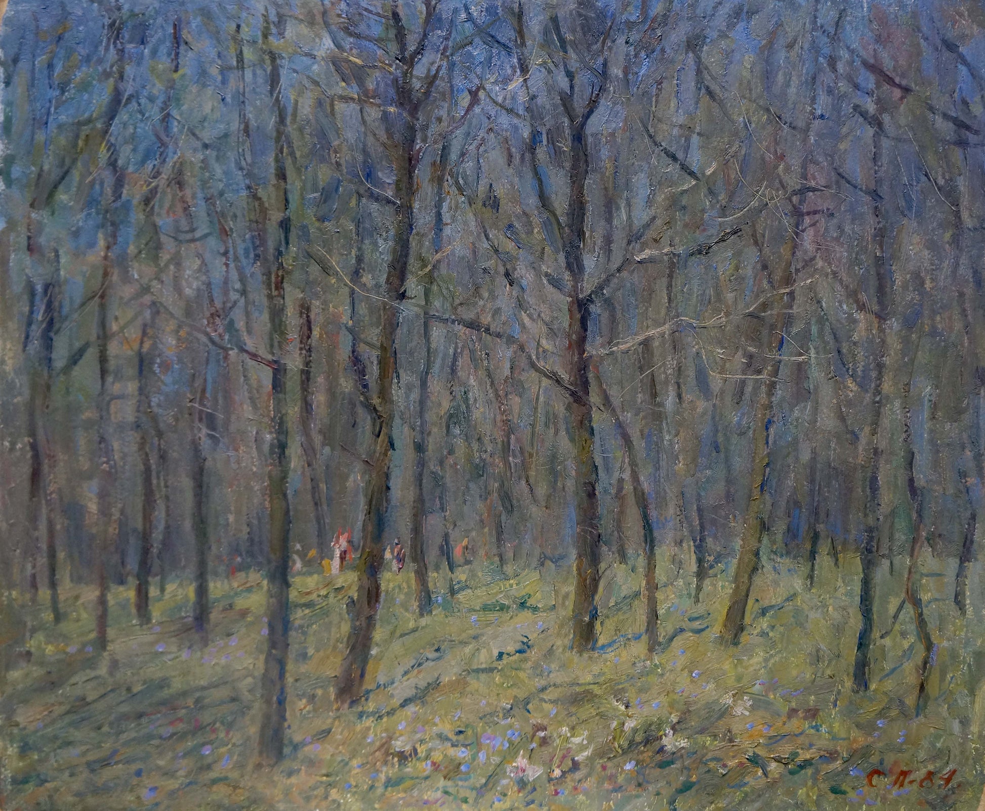 Impressionistic oil painting of forest with bare trees by Petrashevsky