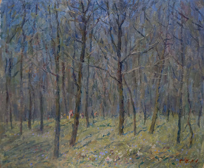 Impressionistic oil painting of forest with bare trees by Petrashevsky