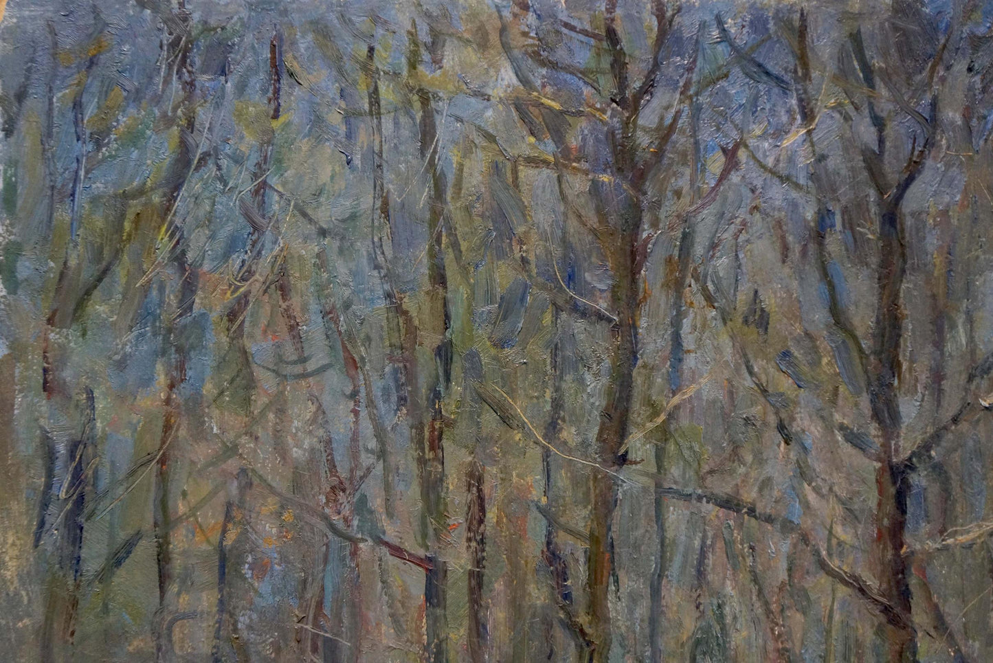 Impressionistic oil painting of bare forest trees by Petrashevsky