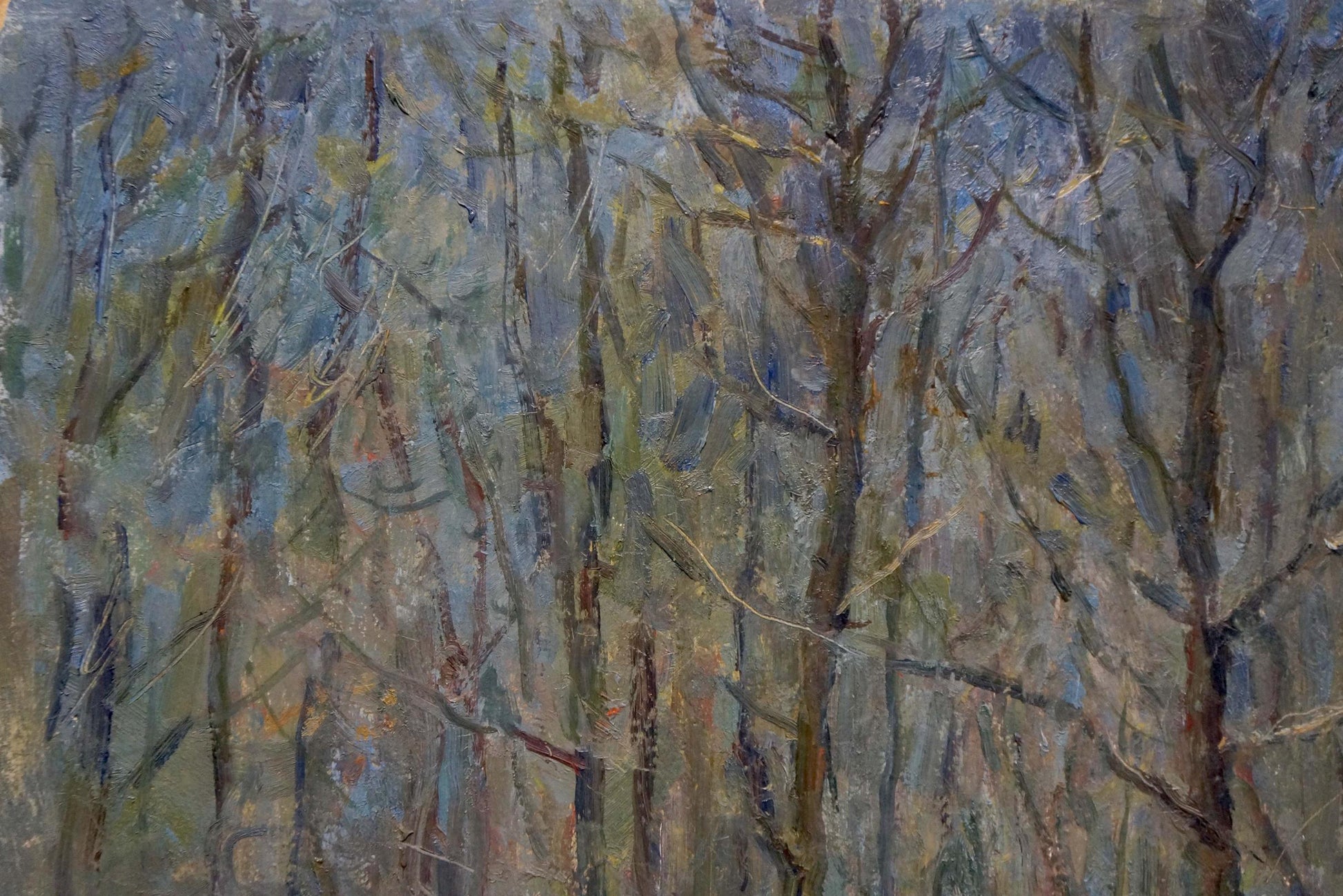 Impressionistic oil painting of bare forest trees by Petrashevsky