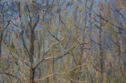 Impressionistic oil painting of bare forest branches by Petrashevsky