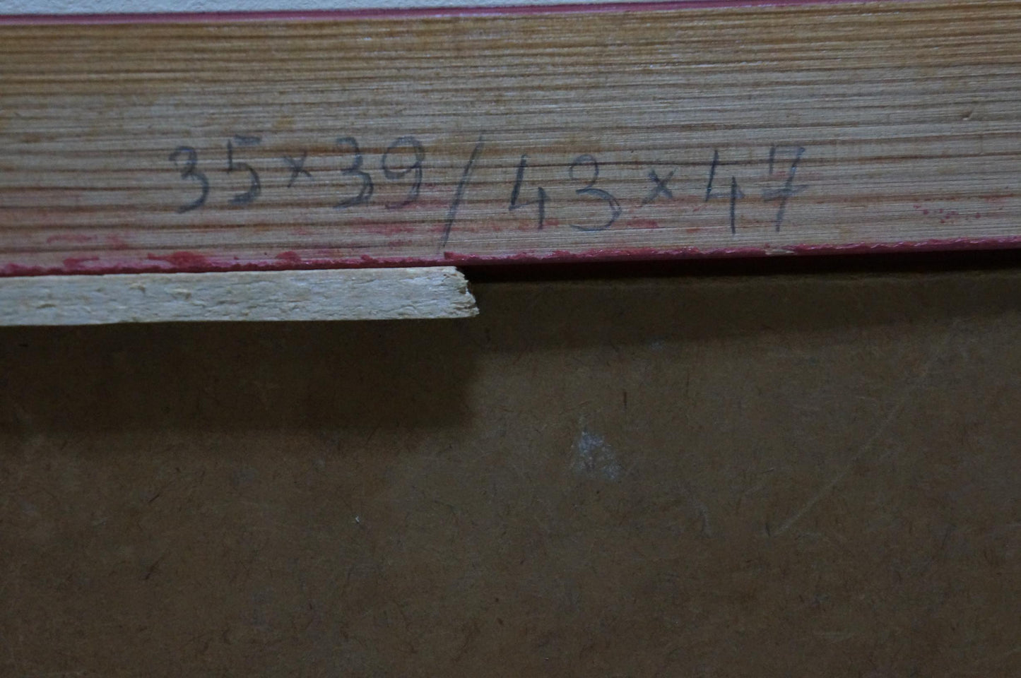 Back of Abstract oil painting Center of the Universe by Mazur Vasily Fedorovich with wooden book red spine handwritten measurements