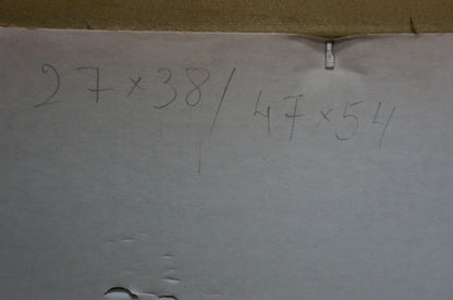Back of Abstract oil painting Broken thoughts by Smolsky Grigory Stepanovich with handwritten black ink measurements on white surface
