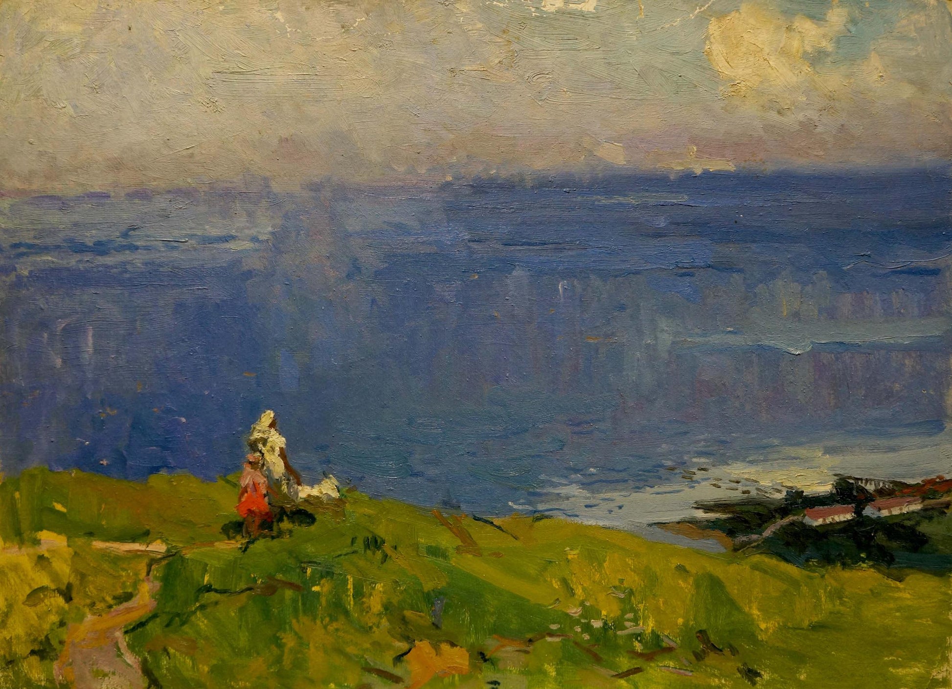 Serene oil painting by Egorov Boris Kuzmich: lone red figure on green hill by blue sea