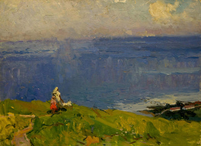 Serene oil painting by Egorov Boris Kuzmich: lone red figure on green hill by blue sea