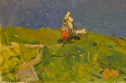 Vibrant impressionistic oil painting by Egorov Boris Kuzmich: figure in orange dress on sunlit green hillside with sea views