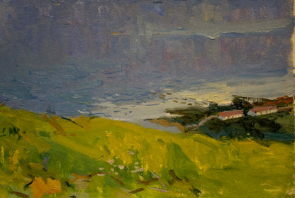 Oil painting by Egorov Boris Kuzmich: vibrant yellow-green field, moody sky, sea views