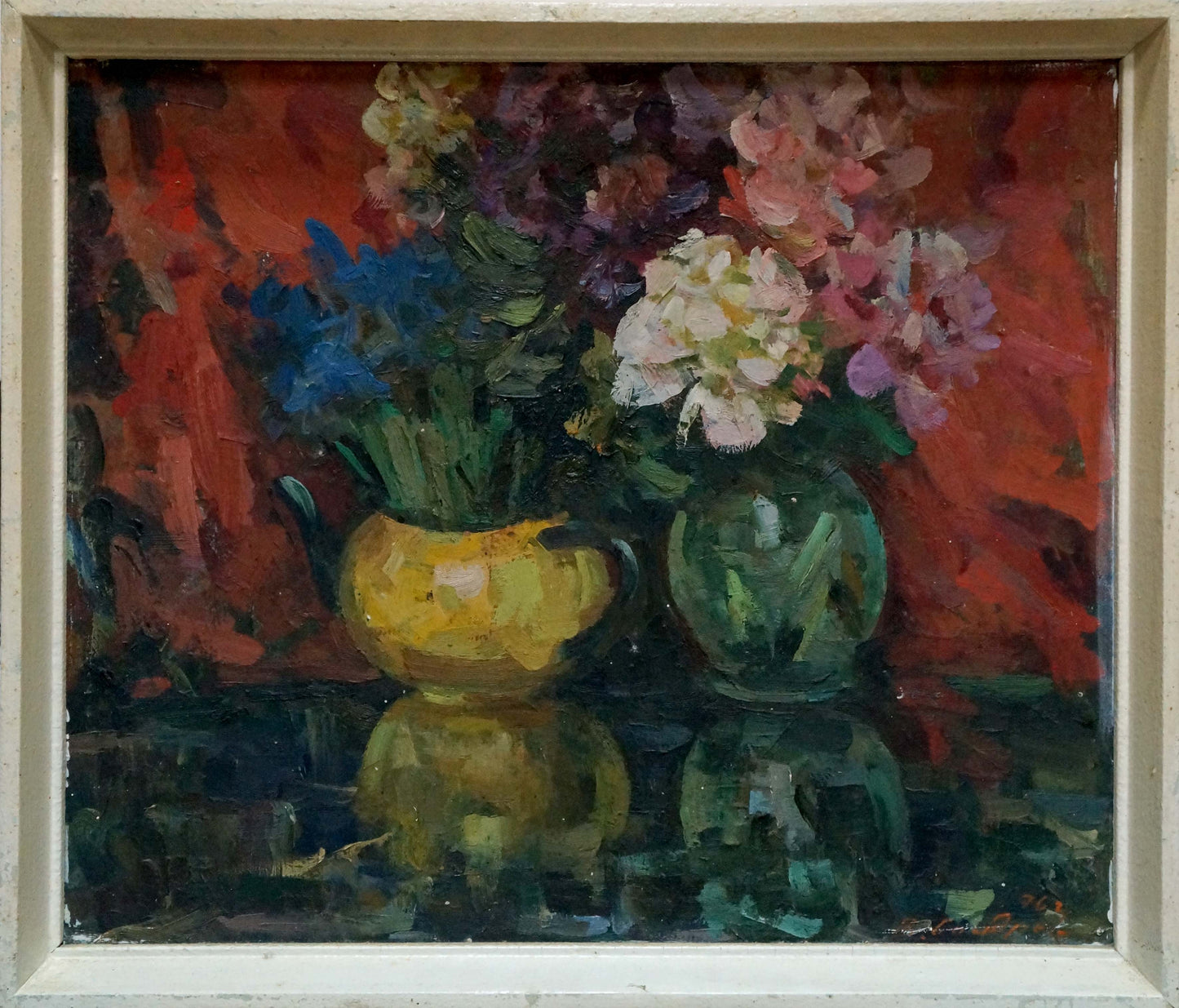 Oil painting by Boldyrev Vladimir Stepanovich: golden-yellow and green vases with flowers on red background