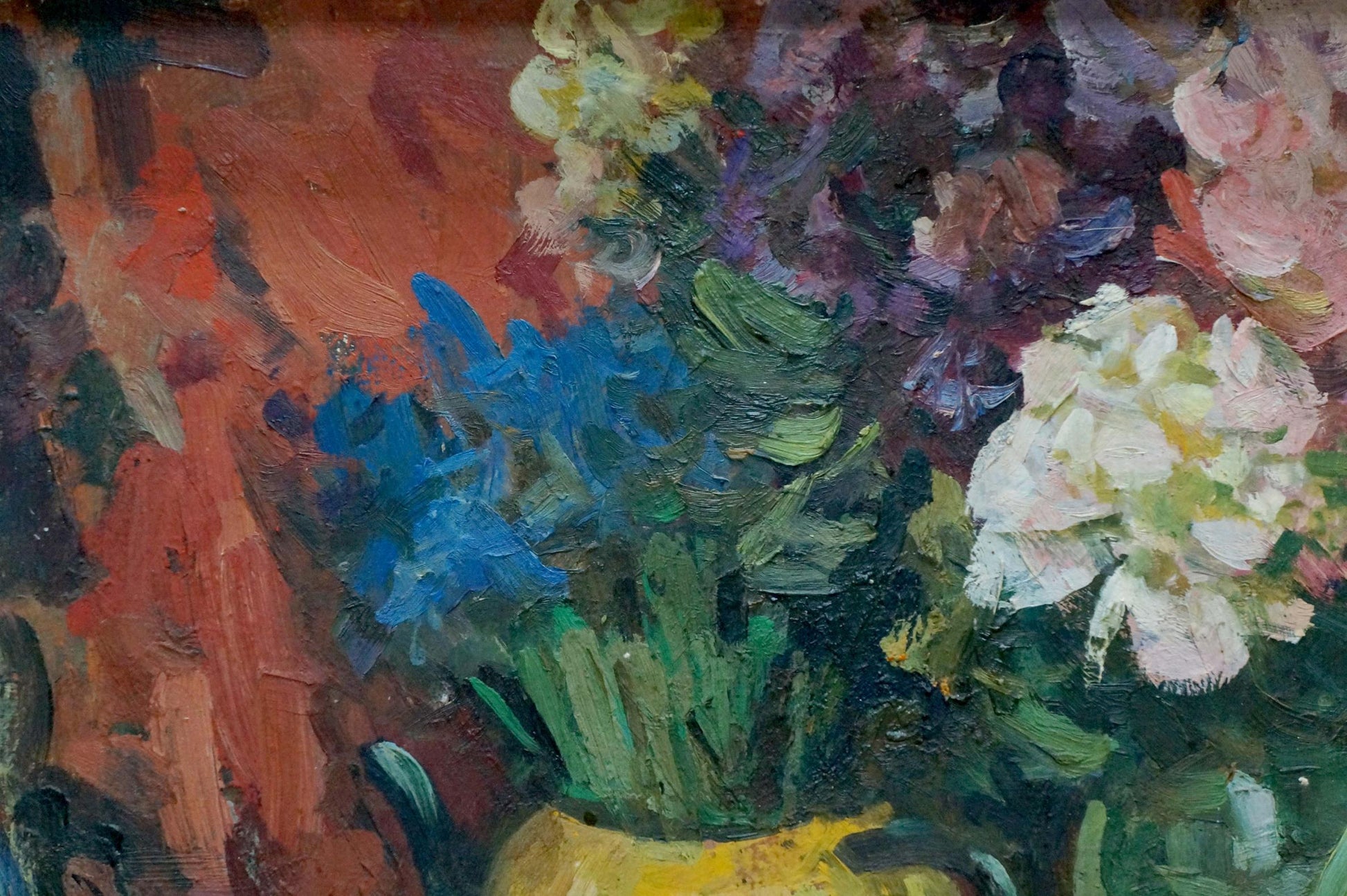 Oil painting by Boldyrev Vladimir Stepanovich: yellow vase with blue, white, purple flowers