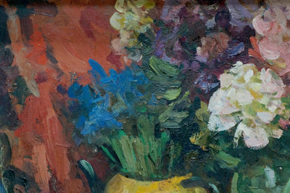 Oil painting by Boldyrev Vladimir Stepanovich: yellow vase with blue, white, purple flowers