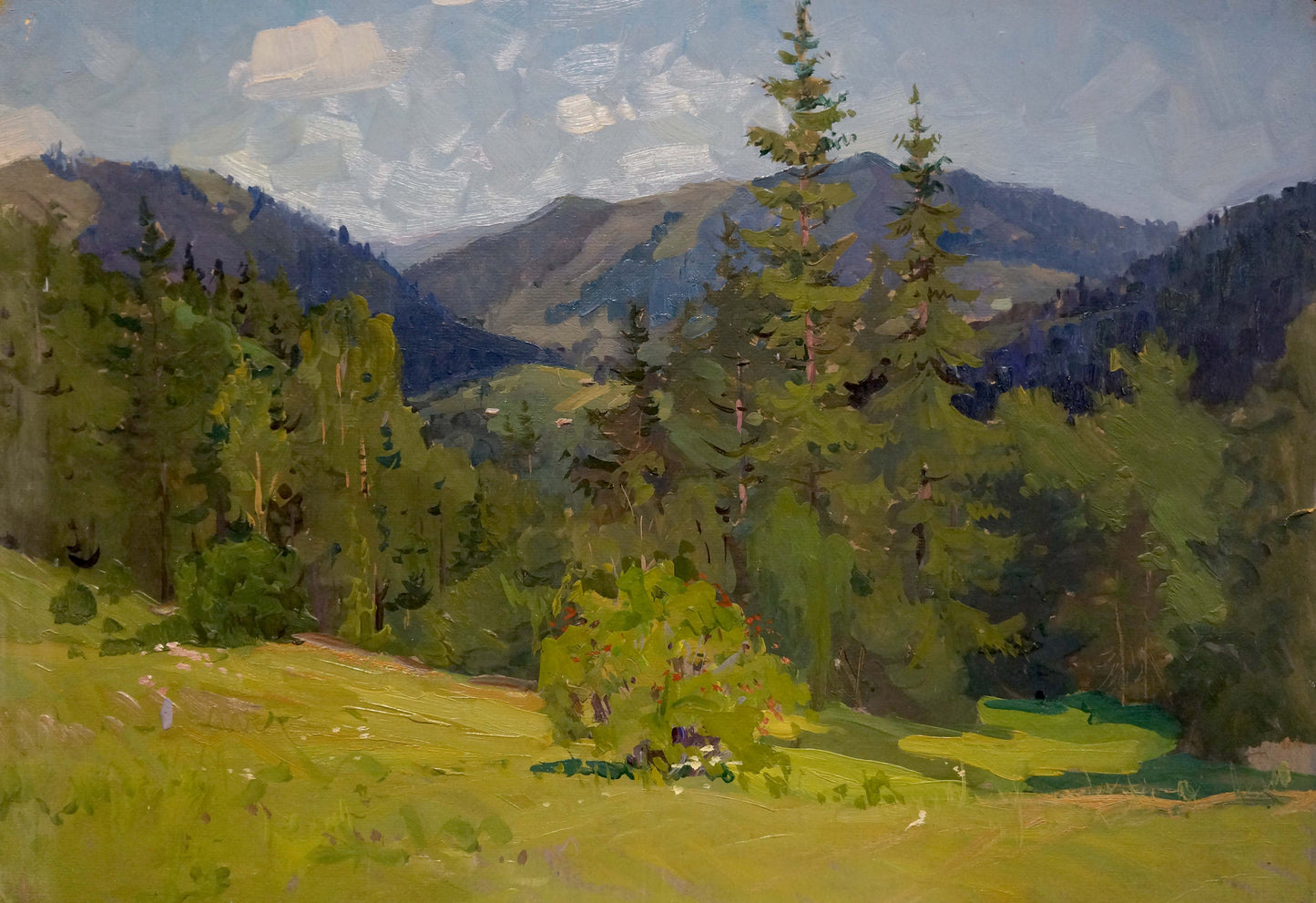 Oil painting by Fomin Anatoly Nikiforovich: serene hills, trees, mountains